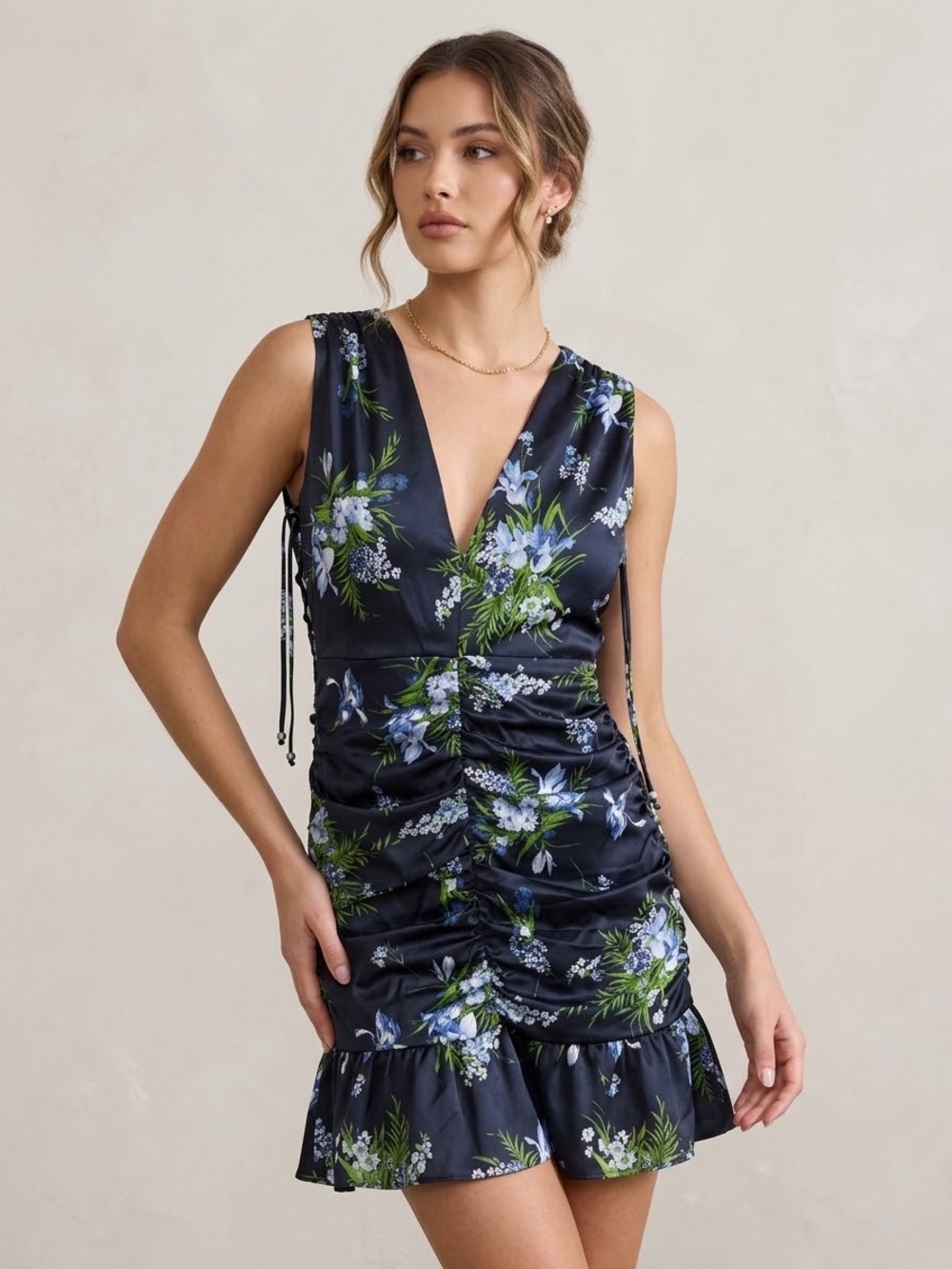 Veronica Beard Navy Floral V-Neck Ruched Mini Dress